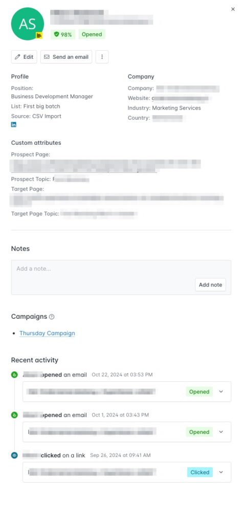 Lead Profile in Hunter (with Status Updates) Screen Shot