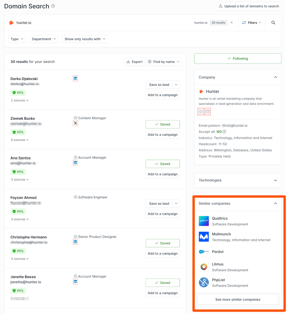 Hunter Review (Domain Search Example) Screen Shot