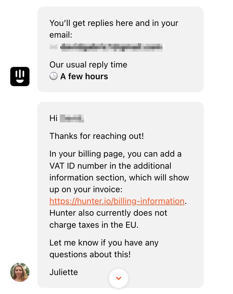 Hunter Chat with Customer Support Screen Shot